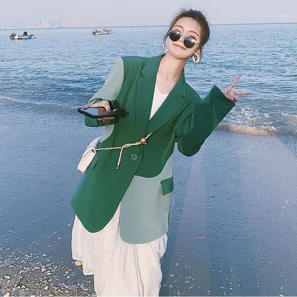 

women's suits & blazers zcsmll 2021 spring autumn patchwork color long sleeve loose turn-down collar korean fashion women green casual, White;black