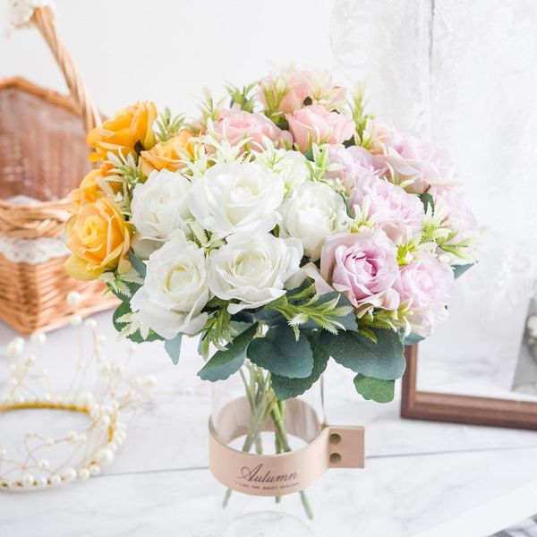 

6 heads/1 bunch silk roses artificial flower for wedding home living room table decoration wreath accessories fake plants