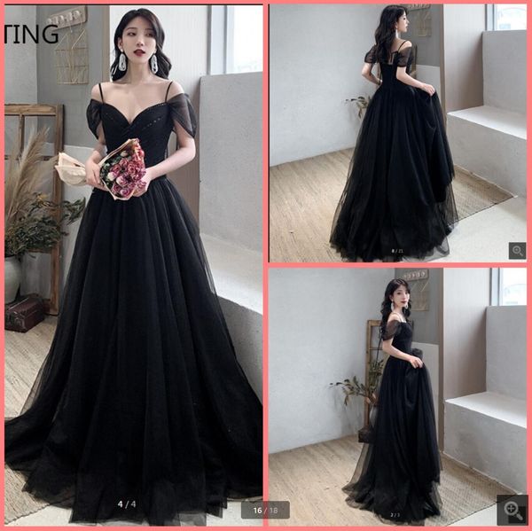 

2021 romantic fashion black tulle beaded a line prom dresses off the shoulder v neck spaghetti straps formal pleated evening gown floor leng