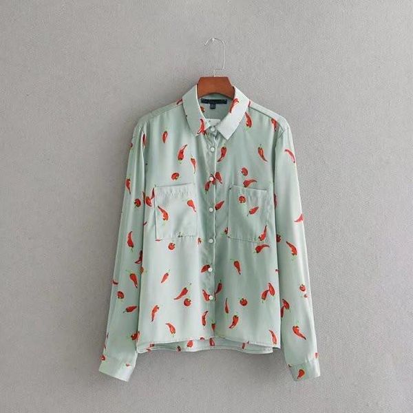 

women's blouses & shirts qpfjqd cute chili print women long sleeves button up green blusas 2021 fashion double pocket loose femme, White