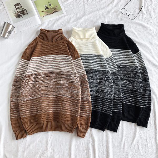 

2021 new turtleneck men's slim warmth fashion casual retro knitted pullover men wild winter striped sweater mens clothes -2xl jlyp, White;black
