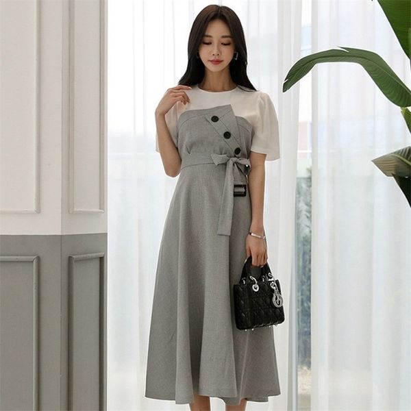 

vintage women dress fashion o neck short sleeve summer bowtie sashes patchwork casual work party midi 210603, Black;gray