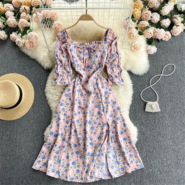 

floral summer french slim split women dress printed midi fashion casual short sleeve sundress female clothing, Black;gray