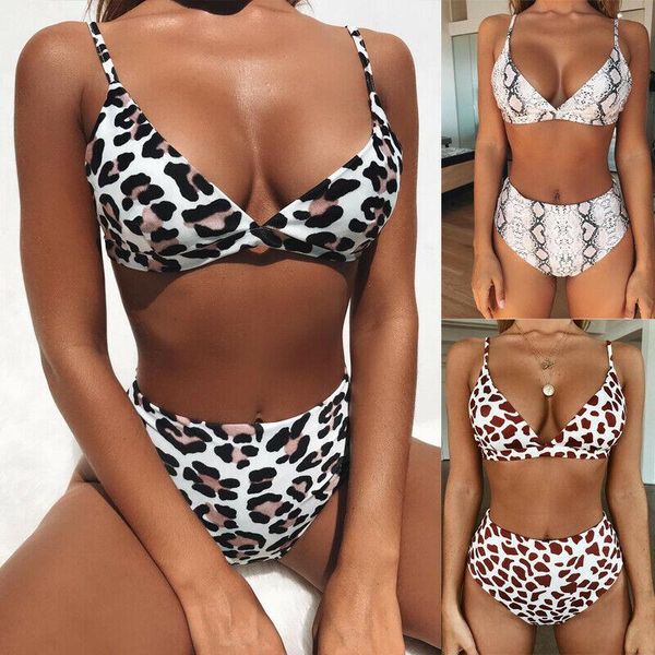 

women's swimwear fashion women ladies padded push up leopard print bandage bikini push-up bra swimsuit bathing 2pcs set, White;black
