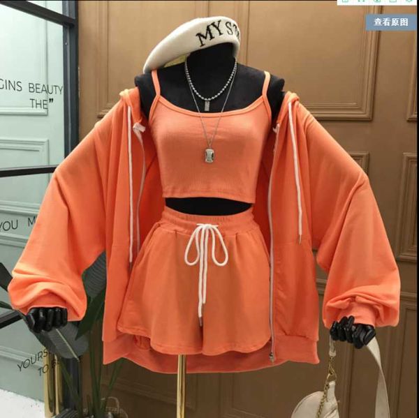 

women's tracksuits korean 2021 summer sports set casual hooded coat jacket + small vest+ loose shorts three-piece women sportswear, Gray