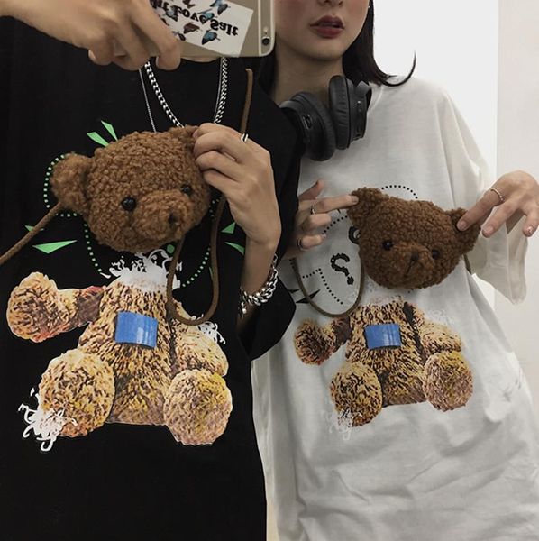 

women's t-shirt short-sleeve summer korean version of the bear print loose and thin wild female + diagonal bag, White
