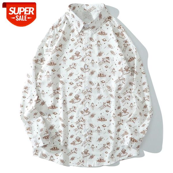 

Spaceship Rocket Print Long Sleeve Shirt Men Harajuku Streetwear Hawaiian Beach Shirts Hip Hop Cotton Oversize Button Shirt Tops #M46J, White;black