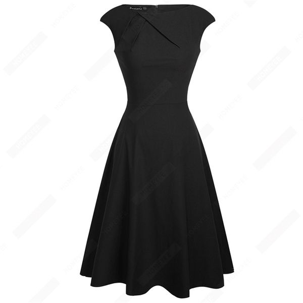 

women elegant summer ruched cap sleeve casual wear to work office party fitted skater a-line swing dress ea067, Black;gray