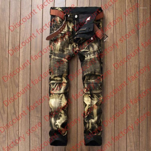 

wholesale- mens skinny biker jeans motorcycle jeans bronze paint pleated jeans urban clothes p50671, Blue