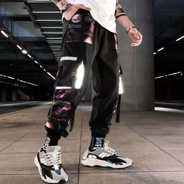

men's pants streetwear hip hop black harem men elastic waist punk with ribbons 2021 casual jogger trousers