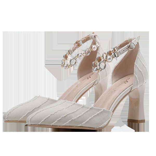 

sandals small thick heel shoes female stiletto 2021 spring wild one-word buckle fairy hollow pointed single, Black