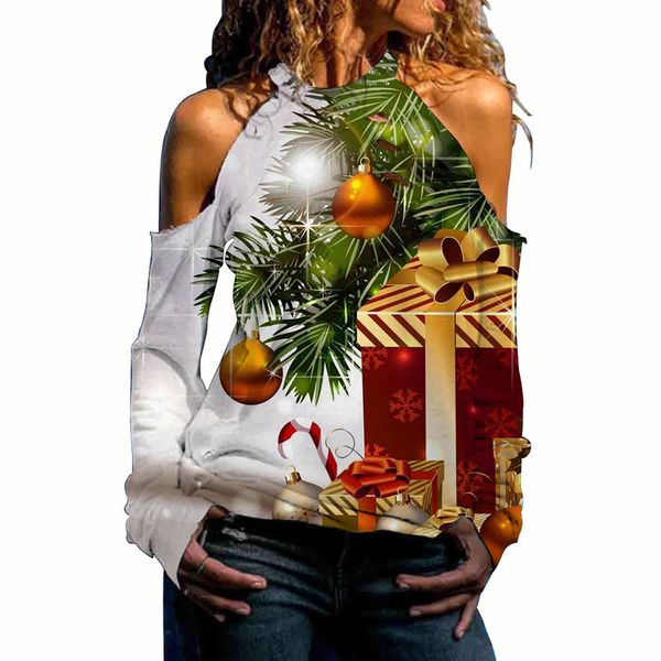 

autumn christmas candle printing strapless long-sleeved round neck loose and comfortable casual all-match bottoming shirt sweater women, White