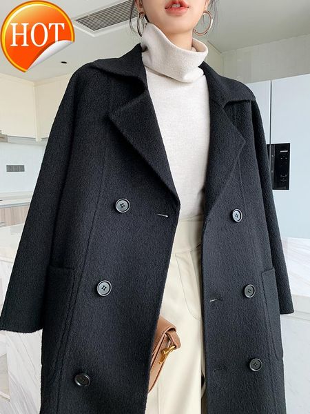

women's two piece pants cashmere double-sided alpaca coat long knee-length belt high-end autumn and winter thickened woolen, White