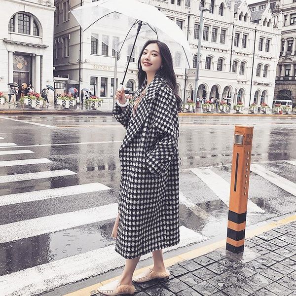 

women's wool & blends overcoat plaid long blend winter coat office women thick warm elegance turn-down collar korean soft lady, Black