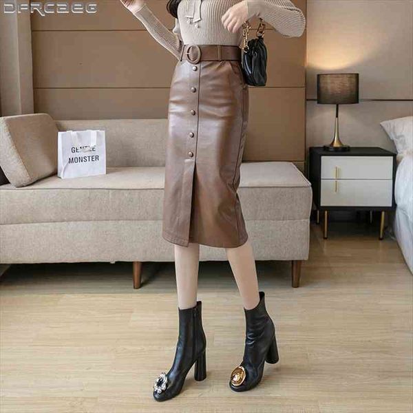 

streetwear bodycon pencil skirts women fashion korean style high waist pu leather skirt with belt slit falda midi skirt, Black