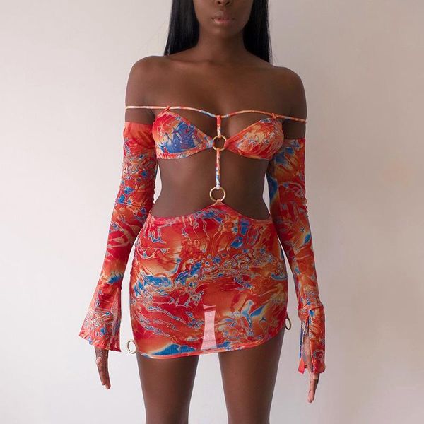 

women's swimwear women digital print mini dress long flared sleeve off-shoulder hollow out bodycon for summer, White;black