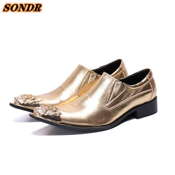 

dress shoes gold men flat formal business iron pointed toe oxfords casual genuine leather slip-on zapatos de hombre, Black