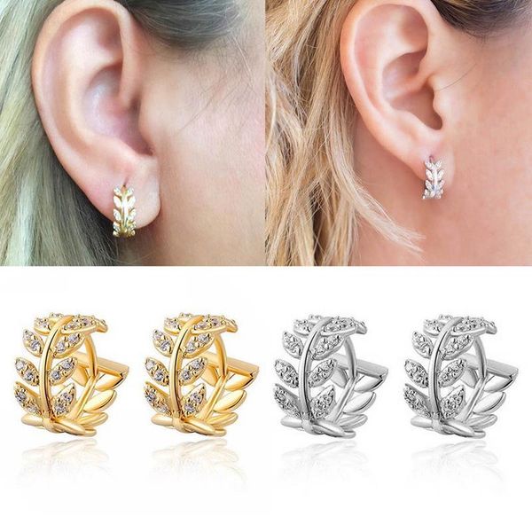 

hoop & huggie 2021 fashion leaf shape earrings shiny rhinestone silver gold color circle round small earring party jewelry gifts, Golden;silver