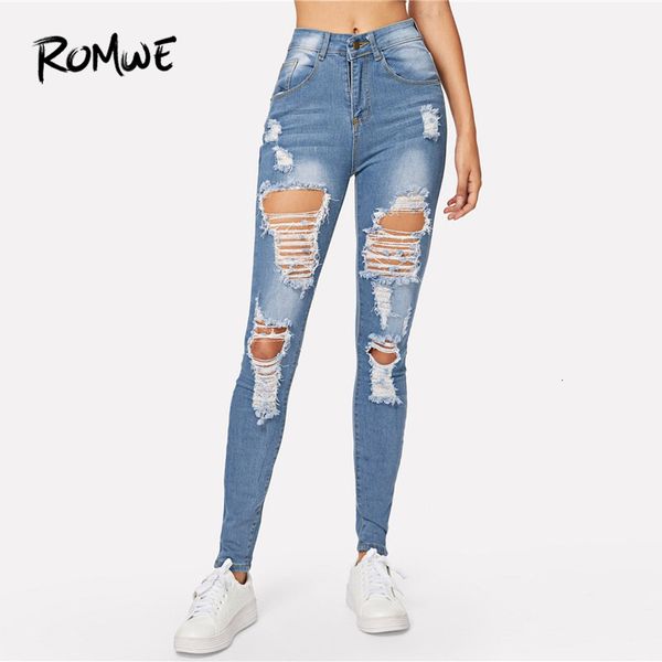 

romwe blue ripped bleach wash skinny jeans back hole spring women casual button fly mid waist denim pants fashion long trousers y19042901