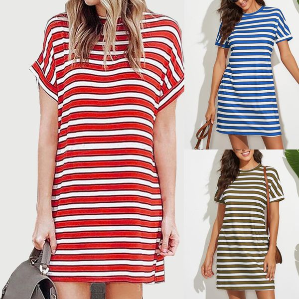

2021 spring / summer women's round neck striped printed bat sve drs, White