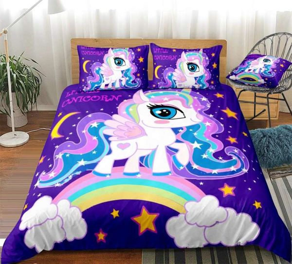 

3pcs cute unicorn duvet cover set star moon bedding kids girls cartoon animal quilt cover  home textil purple dropship