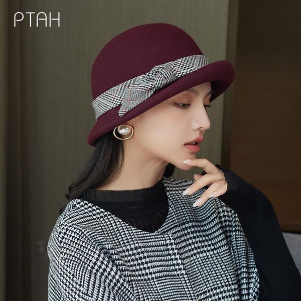 

stingy brim hats [ptah] 2021 fedoras for women 100% wool autumn winter warm womens felt hat british style vintage cap, Blue;gray