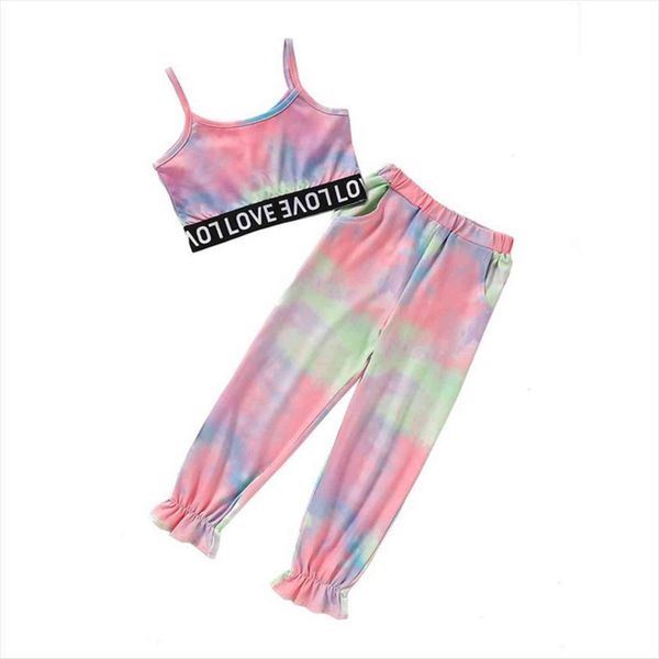 

2pcs toddler tie dye print outfits baby spaghetti strap short letter tank ankle banded pants with pockets 2 7years, White