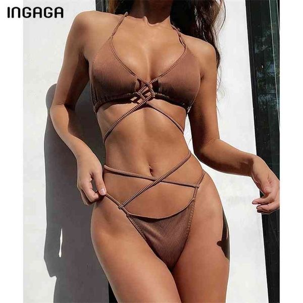 

ingaga lace-up bikinis swimwear women push up women's swimsuits ribbed biquini halter bathing suits high cut set 210728, White;black