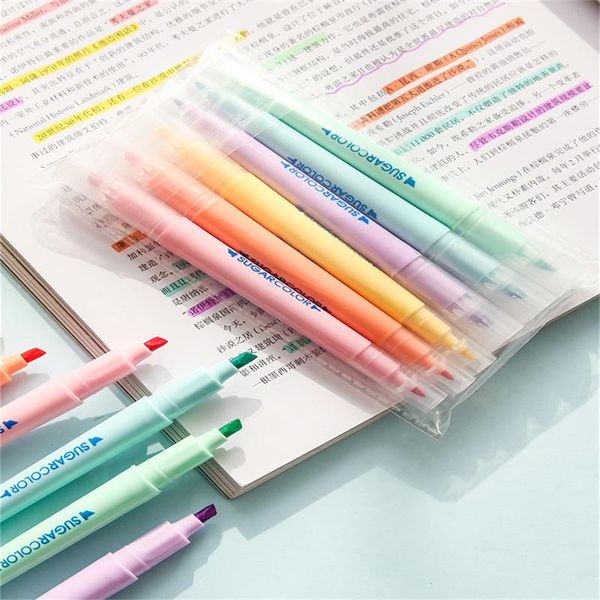 

highlighters 6pcs/set mild color highlighter dual-tips assorted colors fluorescent pen double head smooth writing drawing markers, Black;red