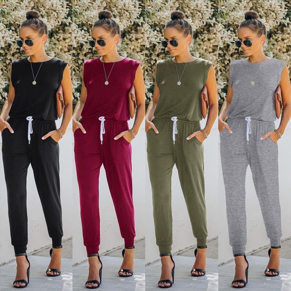 

summer solid sleeveless elegance women jumpsuits black o neck pocket lace up belts office lady one piece femme, Black;white
