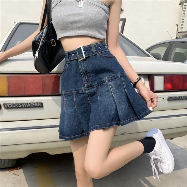 

skirts denim skirt retro pleated female summer style korean version of the high waist was thin wild a-line, Black