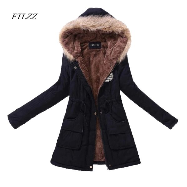 

ftlzz autumn winter women jacket cotton padded casual slim coat emboridery hooded parkas plus size 3xl wadded overcoat 211015, Black