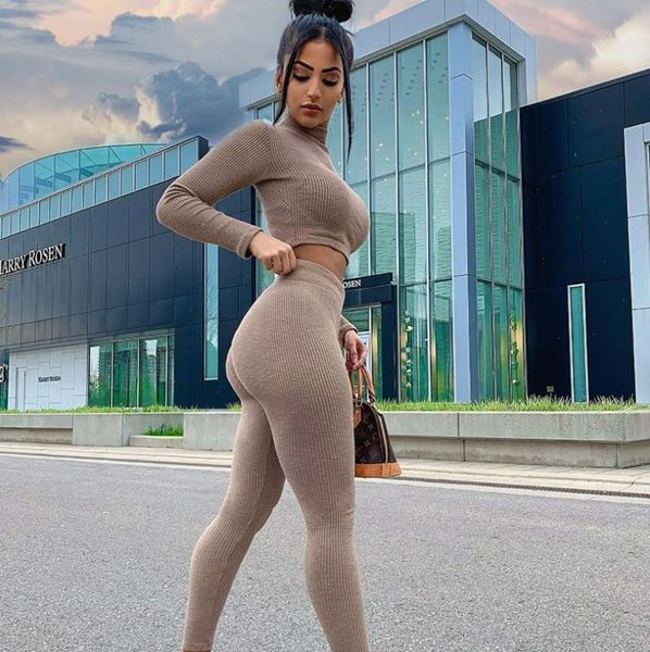 

knitted skinny set long sleeve women tracksuits sweater legging knitting pants suits autumn winter bodycon fitness, Gray