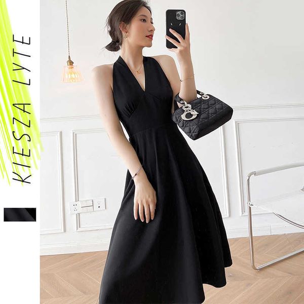 Schwarzes Kleid Sommer Französisch Hepburn Stil tiefer V-Ausschnitt Halter Elegante Damenkleider für Frauen Robe Femme 210608