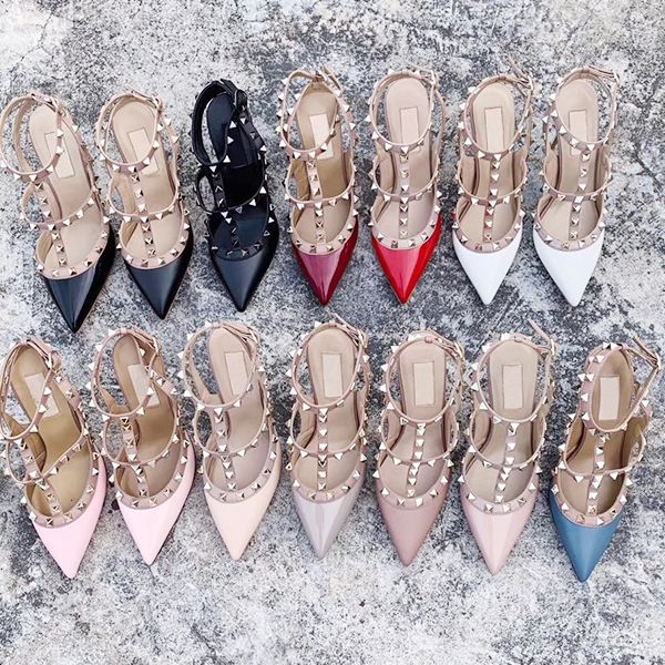 

women sandal pointed toe studs pump women high heels patent calfskin leather ankle strap studded strappy dress shoes, Black