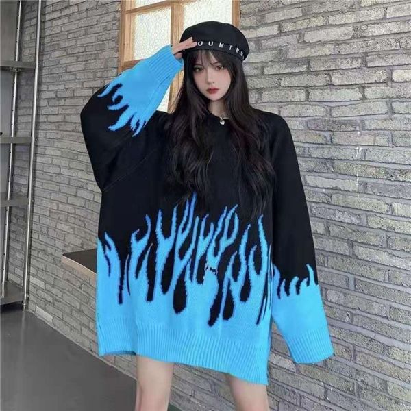 

2021 spring new round neck loose sweater female flame jacquard sweater color matching loose ins net red selling sweater a077 210218, White;black