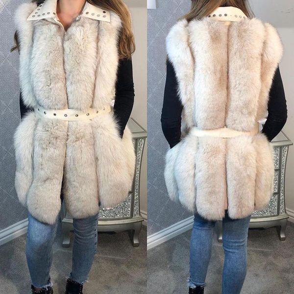 

women's fur & faux floy fashion turn down collar vests women elegant rivet artificial coats collected waisted ladies, Black