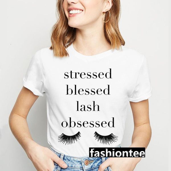 

stressed blessed lash obsessed letters t shirts women kawaii eyelashes print shirt summer 90s girls fashion t-shirt, White