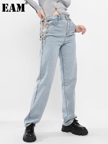 

women's pants & capris women's [] hollow out buckle chain blue high waist denim trousers loose fit women fashion tide spring summe, Black;white