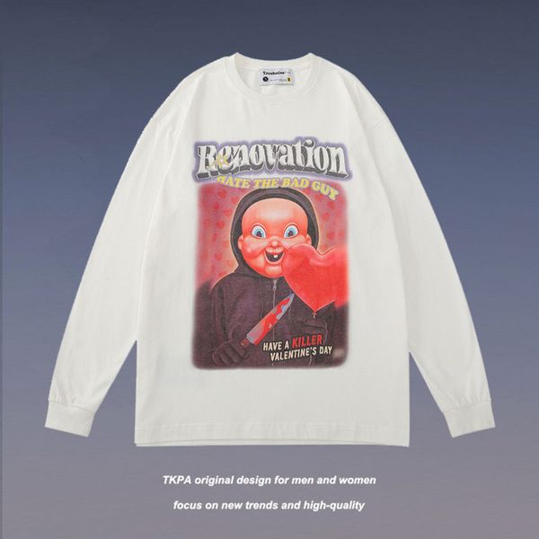 

tkpa guo gao jie chao brand personality cartoon long sleeve t-shirt men and women hip hop loose couple round neck sweater, Black