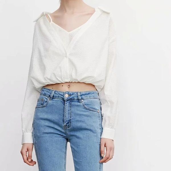 

women's blouses & shirts 2021 spring women elegant lapel fake two white mujer full sleeve casual slim lady navel exposed short shirt fe