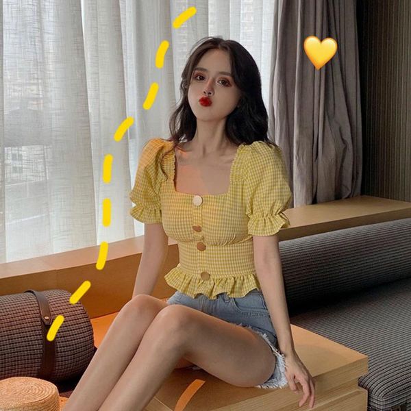 

women's blouses & shirts sweet plaid ruffles blouse square collar mini slash-neck checked off shoulders slimming high elastic waist ple, White