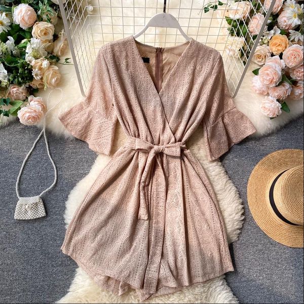 

women summer lace wide leg shorts 2021 new flare sleeve v neck office rompers korean casual loose streetwear rompers, Black;white