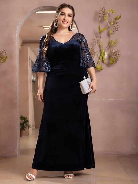 

plus contrast sequin mesh velvet prom dress m2bh#, Black