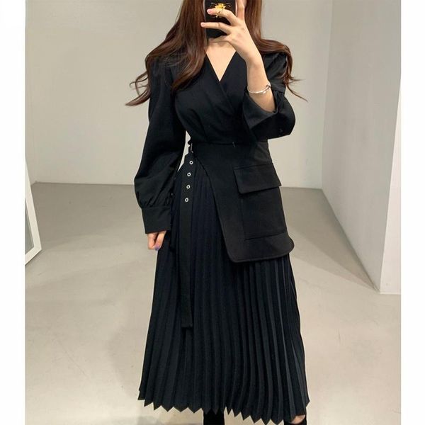 

casual dresses 2021 women's spring and autumn v-neck slim waist dress elegant full sleeve pleated mid-length vestidos, Black;gray