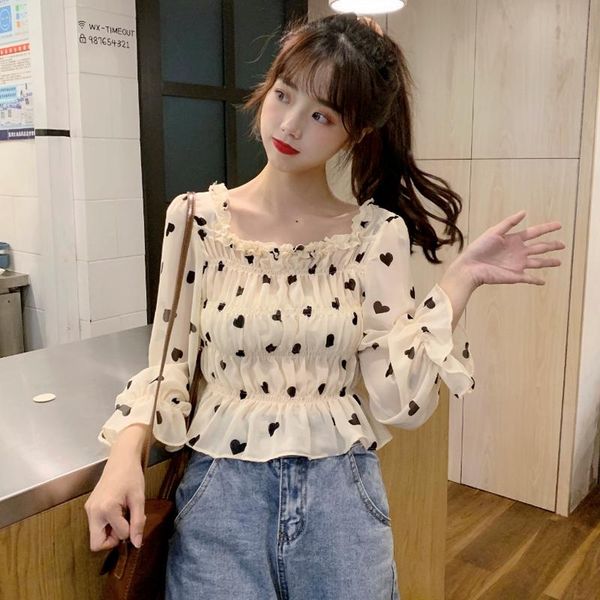 

women's blouses & shirts spring fall sweet korean style square collar short blouse fashion brand love print long sleeve crop clothing, White