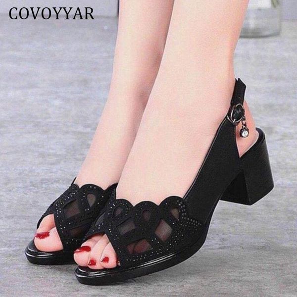 

dress shoes covoyyar pumps for women 2021 spring summer crystal mesh sandals open toes office mid high heels woman whh252, Black