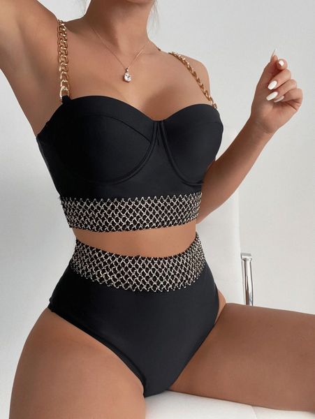 

chain strap push up high waisted bikini swimsuit g2jm#, White;black