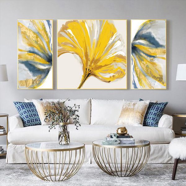 Modern Home Decor Golden Flower Poster Pintura Óleo Impressão sobre Lona Resumo Indoor Decoração Arte de parede para sala de estar