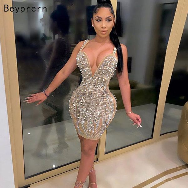 

Sexy Beyprern Sparkle Sleeveless Sequins Pearl Crystal Party Dress Glitter Spagetti Straps Bodycon Celebrities Outfits Female Robes, Apricot